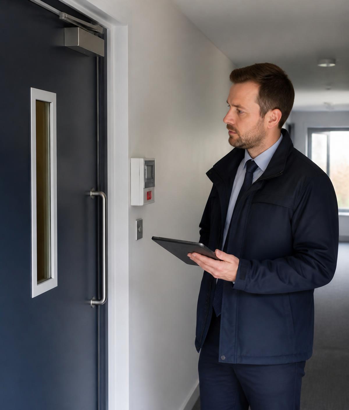 Fire safety assessor inspecting a communal fire door