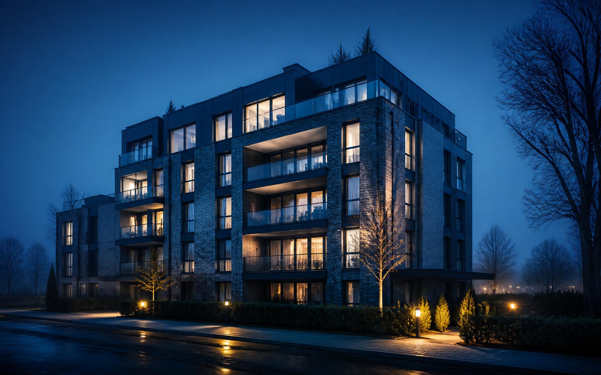 Modern residential apartment block at dusk